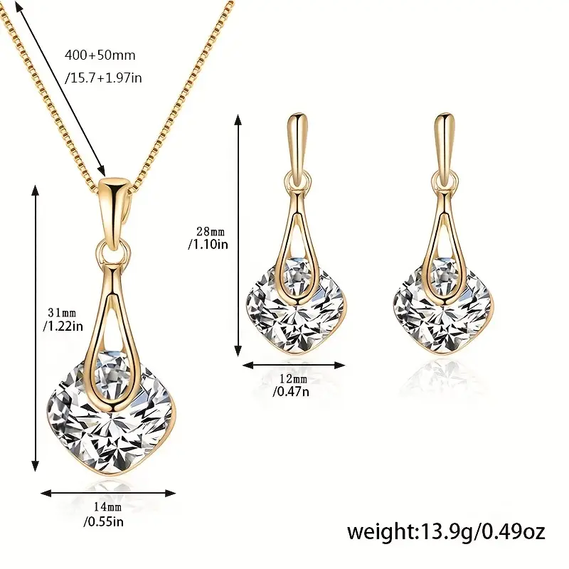 elegant women’s jewelry set – golden square pendant necklace & teardrop crystal earrings | sparkling artificial crystal set | wedding & party jewelry | geometric design | zinc alloy elegant women’s jewelry set – golden square pendant necklace & teardrop crystal earrings | sparkling artificial crystal set | wedding & party jewelry | geometric design | zinc alloy