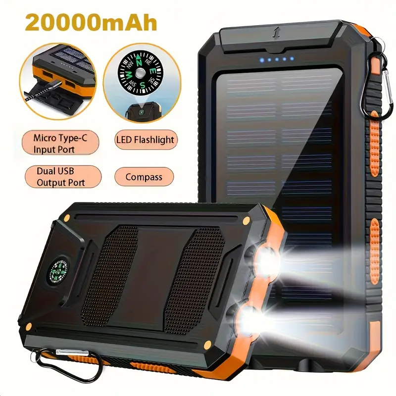 solar power bank 20000mah – portable charger with dual usb output, built in led flashlight & compass | waterproof backup battery pack for phones, tablets, outdoor travel & camping | perfect holiday gift solar power bank 20000mah – portable charger with dual usb output, built in led flashlight & compass | waterproof backup battery pack for phones, tablets, outdoor travel & camping | perfect holiday gift