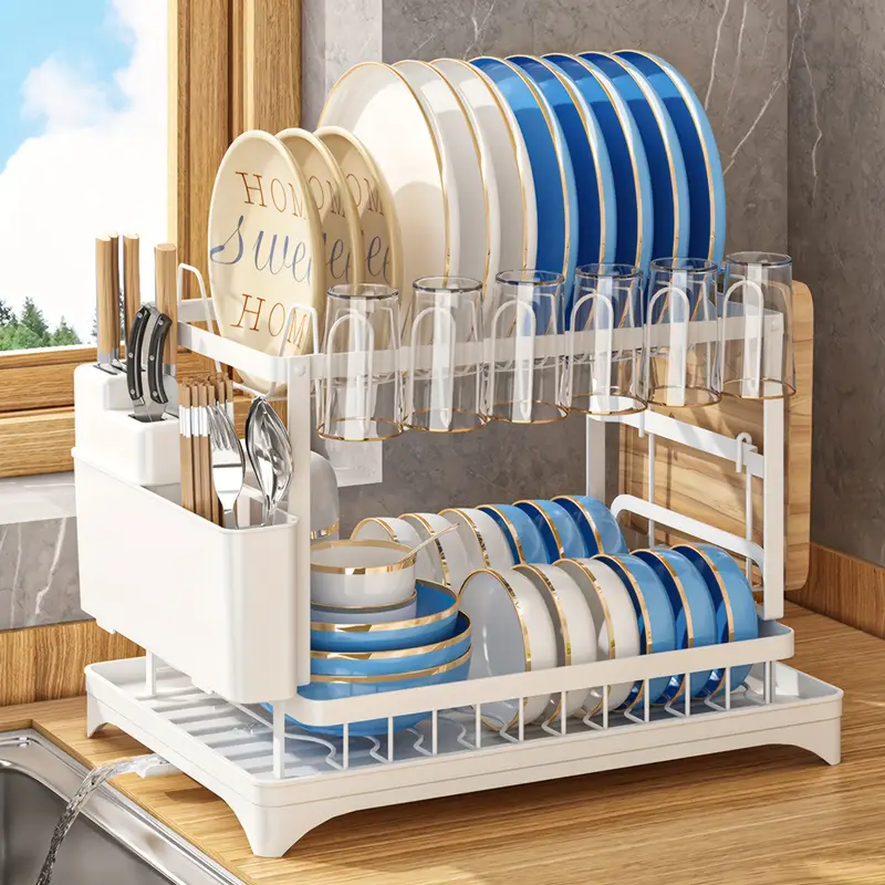 2 tier dish drying rack for kitchen counter – black carbon steel dish drainer with drainboard, utensil holder & cup rack 2 tier dish drying rack for kitchen counter – black carbon steel dish drainer with drainboard, utensil holder & cup rack