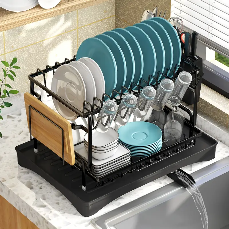 2 tier dish drying rack for kitchen counter – black carbon steel dish drainer with drainboard, utensil holder & cup rack 2 tier dish drying rack for kitchen counter – black carbon steel dish drainer with drainboard, utensil holder & cup rack